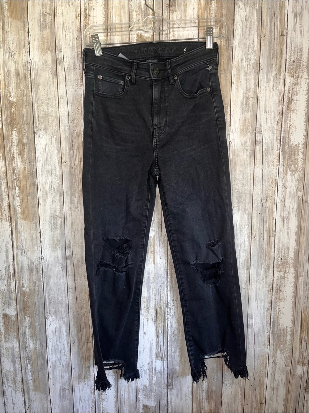 American Eagle Slim Straight Crop Jeans 2 Short Black Distressed Raw Hem